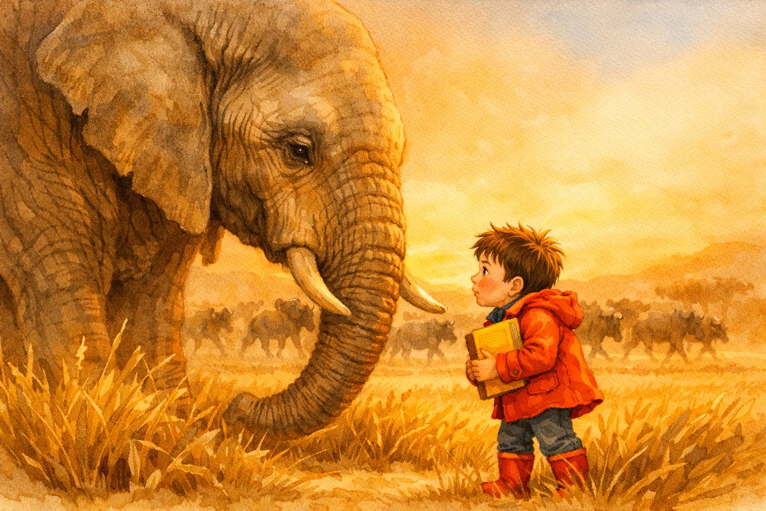 Ben meeting an elephant in the golden grassland